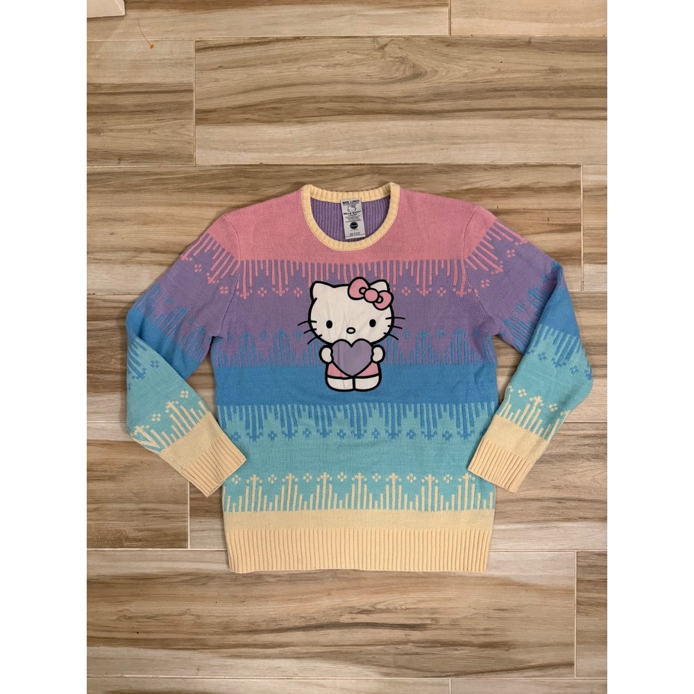 BoxLunch Sanrio Hello Kitty Pastel Rainbow Knit Sweater Heart Graphic‎ Large